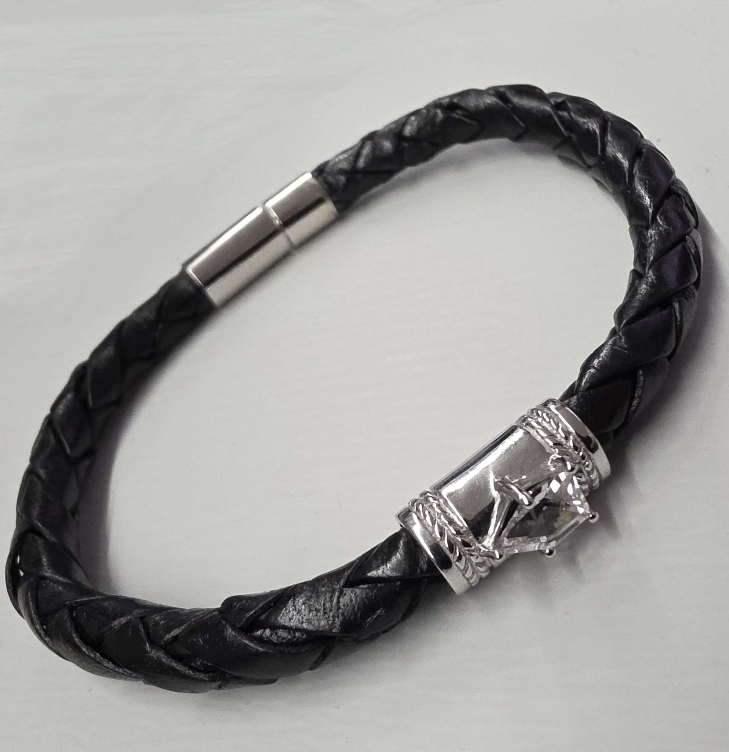 Black Braided Leather Bracelet featuring F-35 Sapphire in EOTS design set in sterling silver