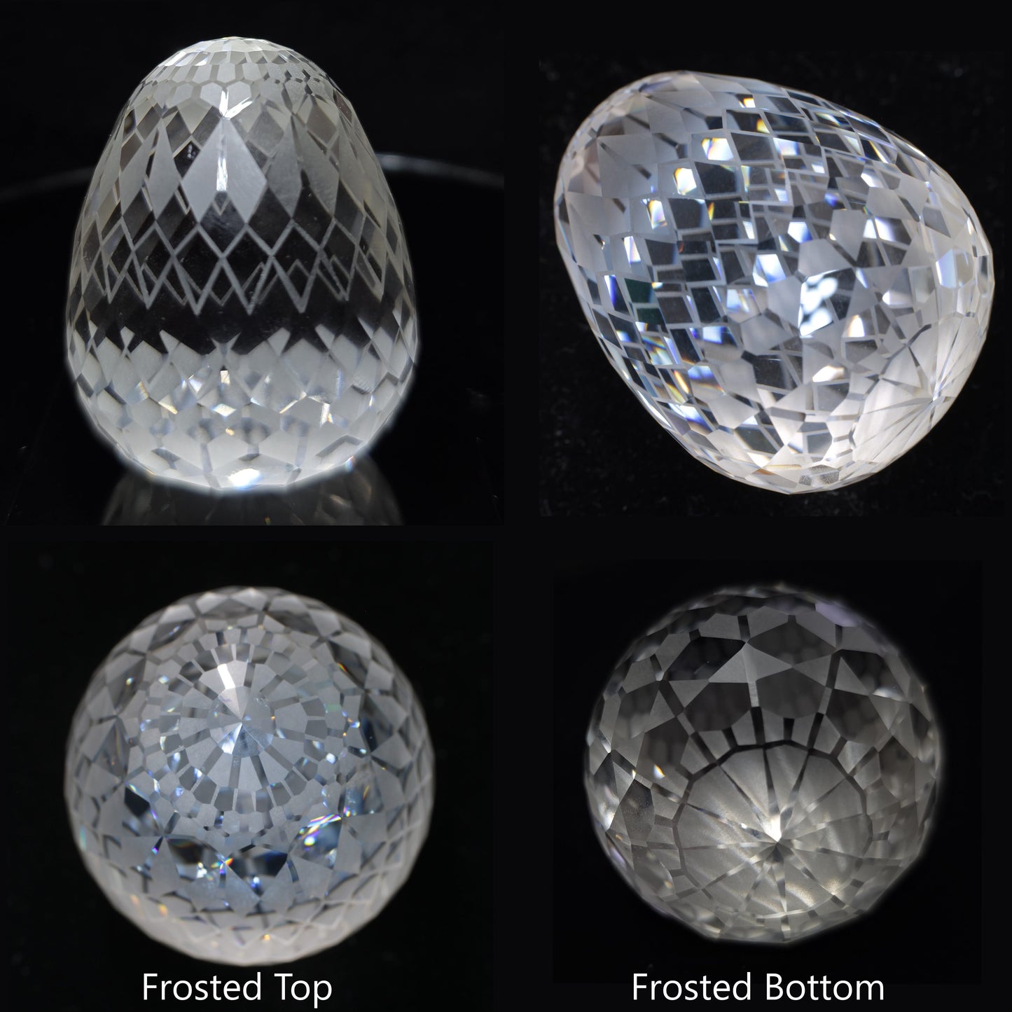 A giant white sapphire faceted gem egg seen from four different angles