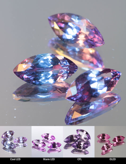 Faceted Color Change Sapphire Darker Marquise Cut Stone, showing different color changes under Cool LED, Warm LED, CFL, and OLED lighting