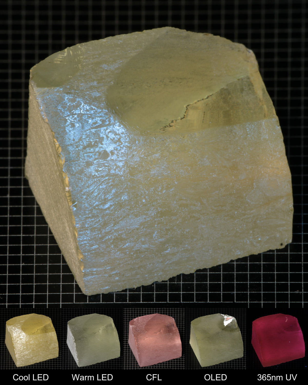 Darker Edge of Ho:YAG Gem Rough, showing color changes from yellow to pink under different lighting conditions.