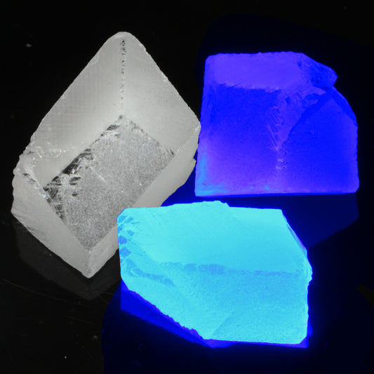 Faceted Labmade Fluorite showing Blue Fluorescence in response to UV LED Stimulation