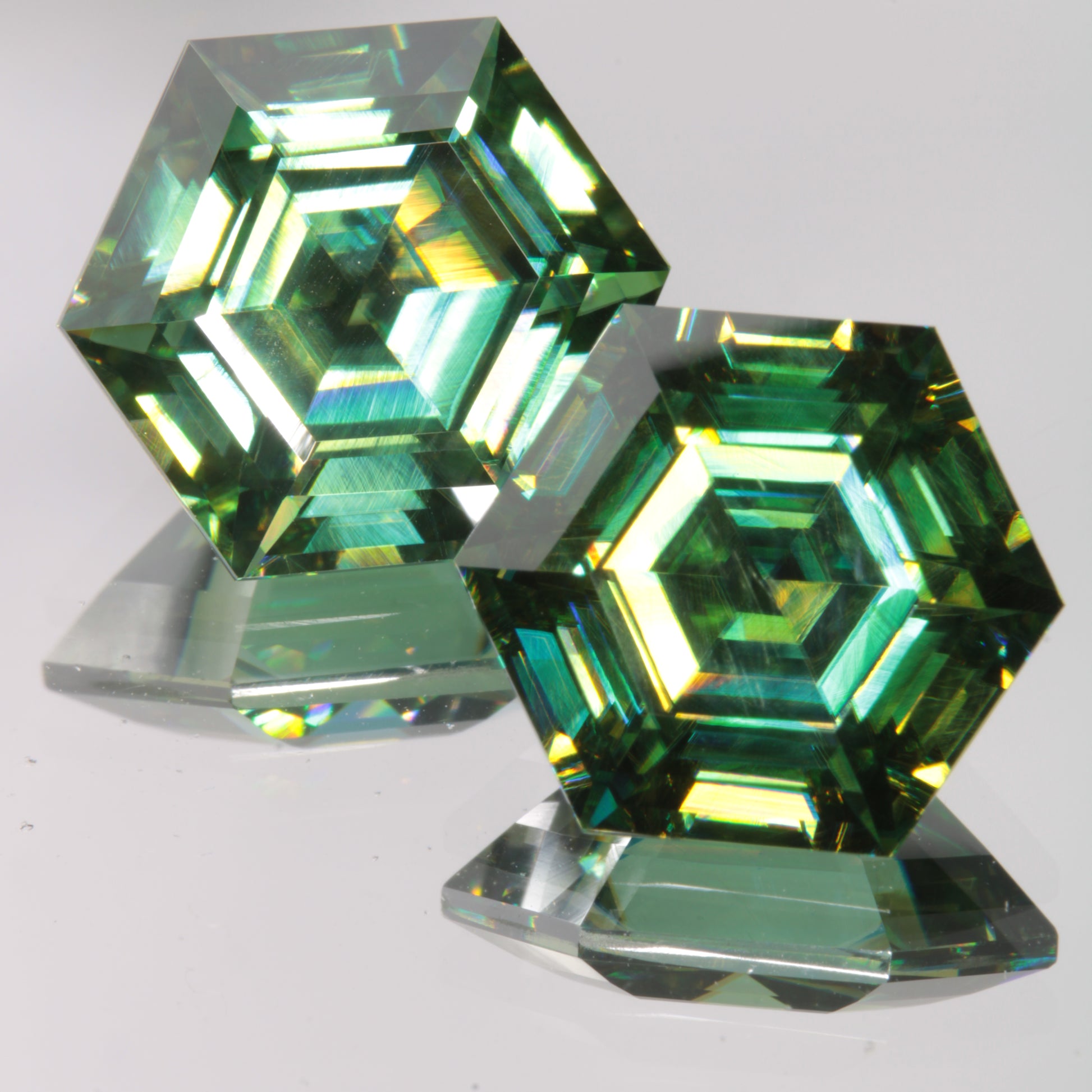 Dichroic Moissanite Hexagon Cut Gems, Blue and Yellow Pleochroic SiC