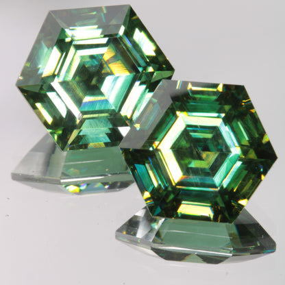Dichroic Moissanite Hexagon Cut Gems, Blue and Yellow Pleochroic SiC