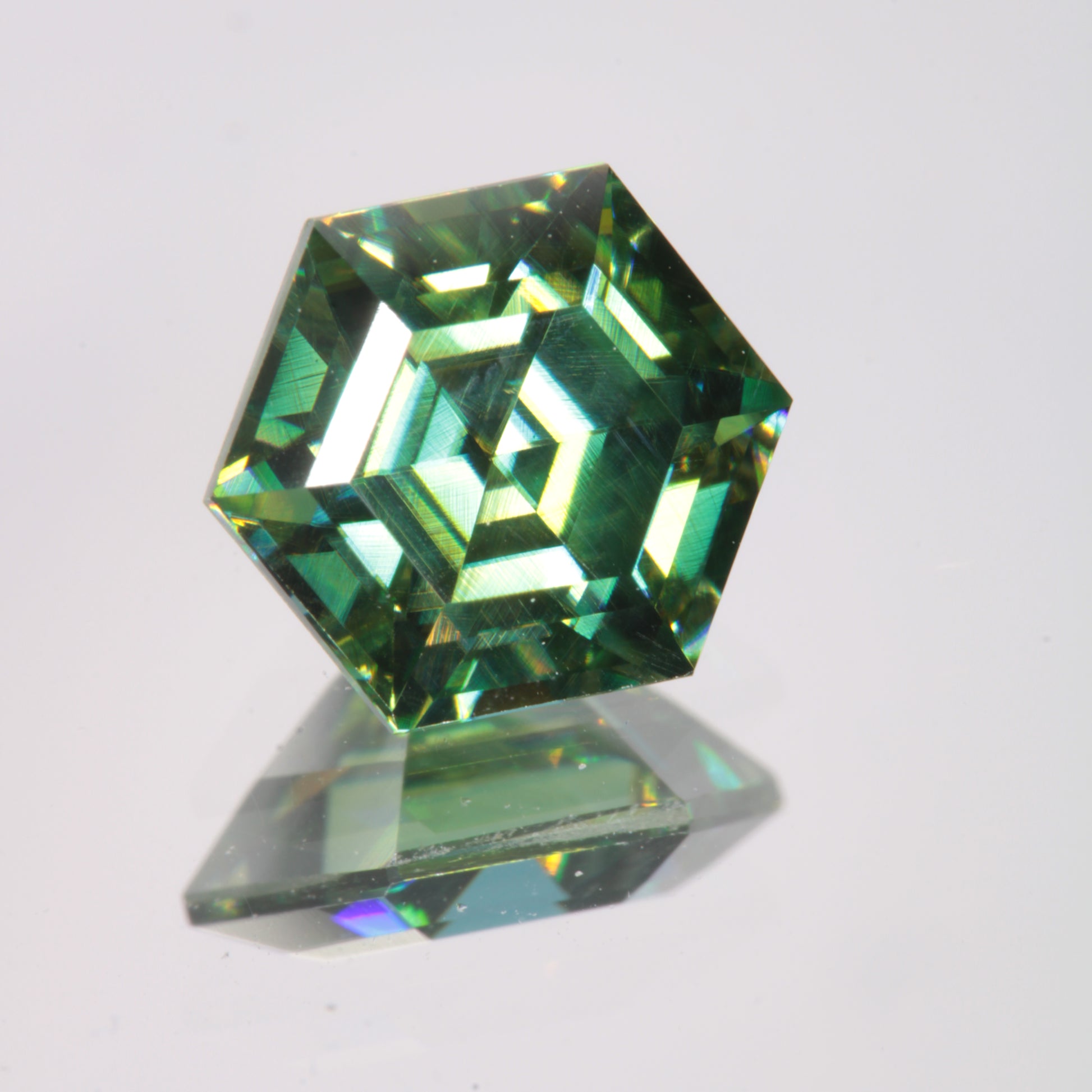 Dichroic Moissanite Hexagon Cut Gems, Blue and Yellow Pleochroic SiC