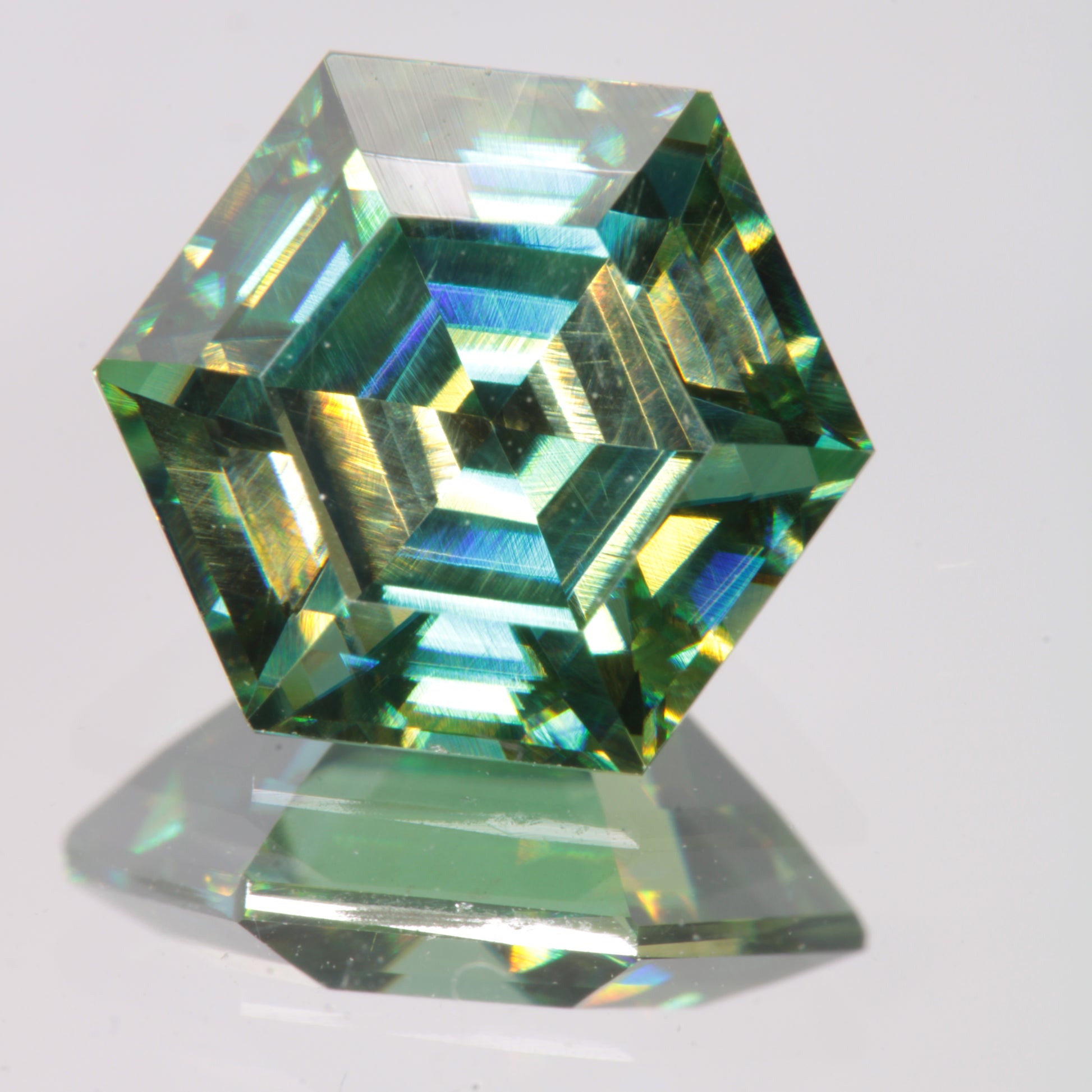 Dichroic Moissanite Hexagon Cut Gems, Blue and Yellow Pleochroic SiC