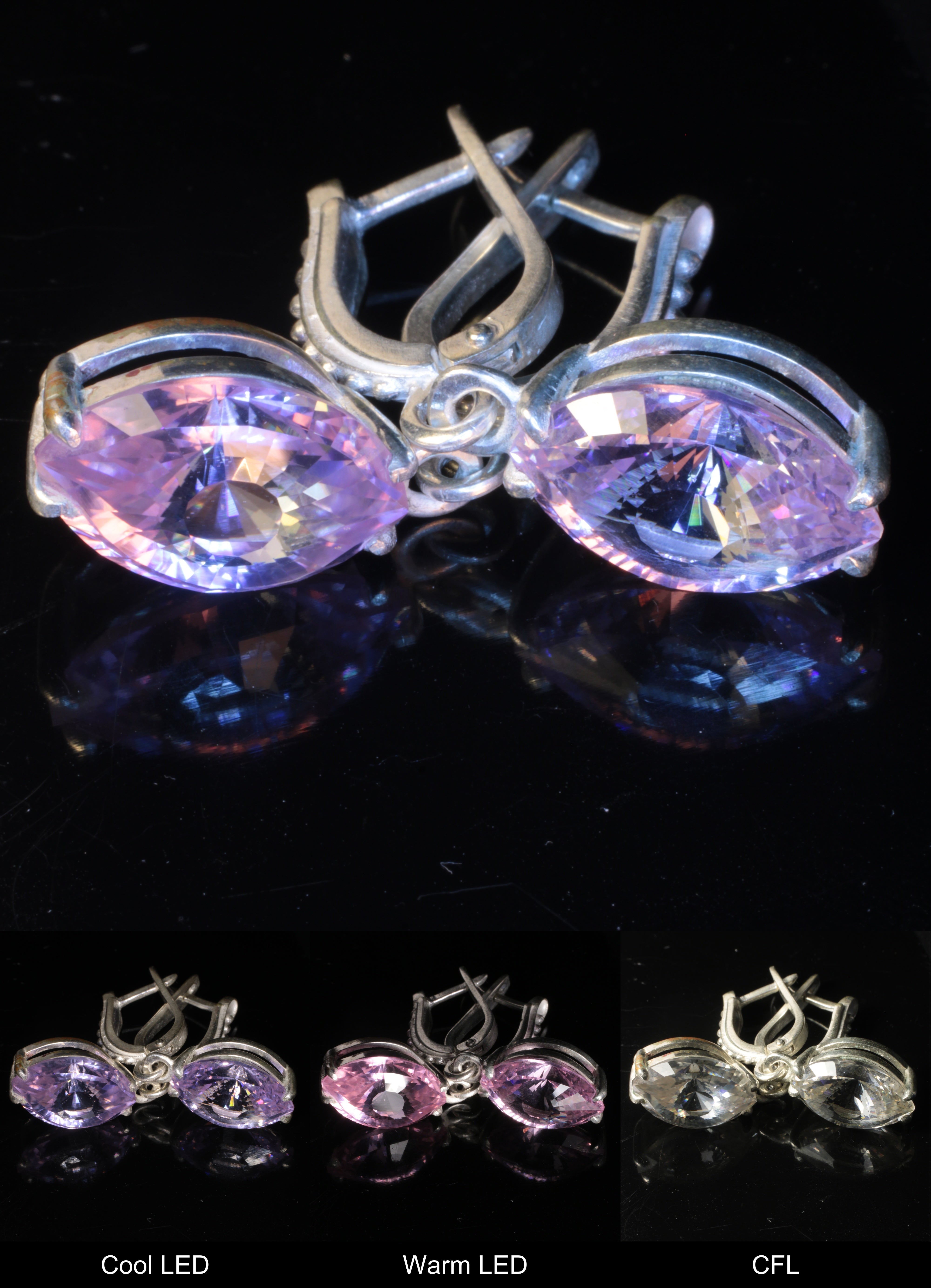 Faceted Nd:YAP Eye Earrings shown under different lighting, mixed at top, and at the bottom Cool LED, Warm LED, and CFL Lights