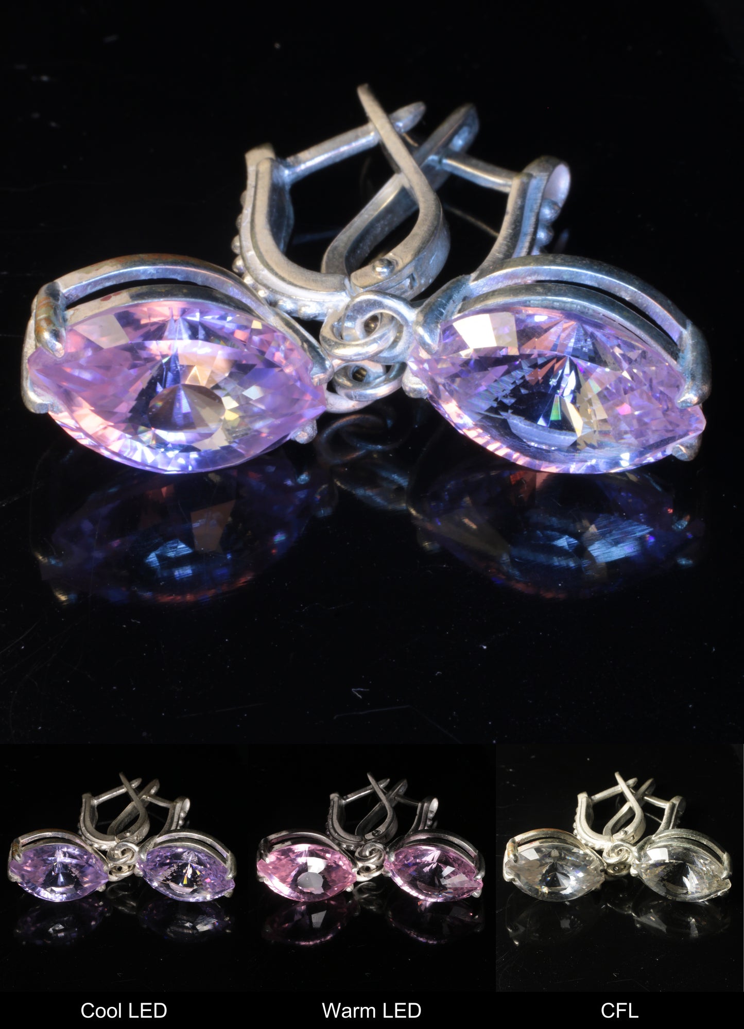 Faceted Nd:YAP Eye Earrings shown under different lighting, mixed at top, and at the bottom Cool LED, Warm LED, and CFL Lights