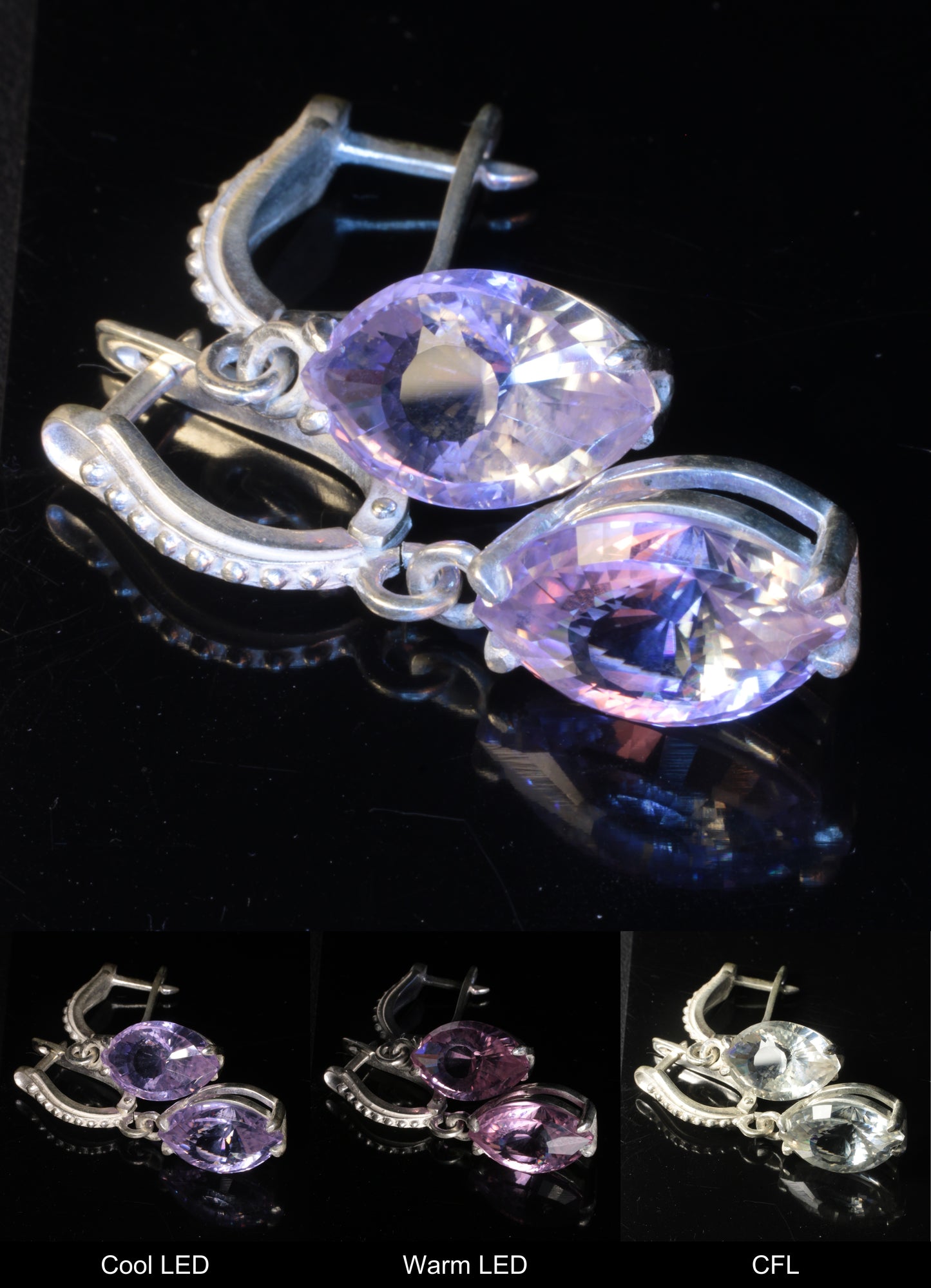 Faceted Yttrium Aluminum Perovskite Eye Earrings under different lighting, mixed at top, and at the bottom Cool LED, Warm LED, and CFL Lights