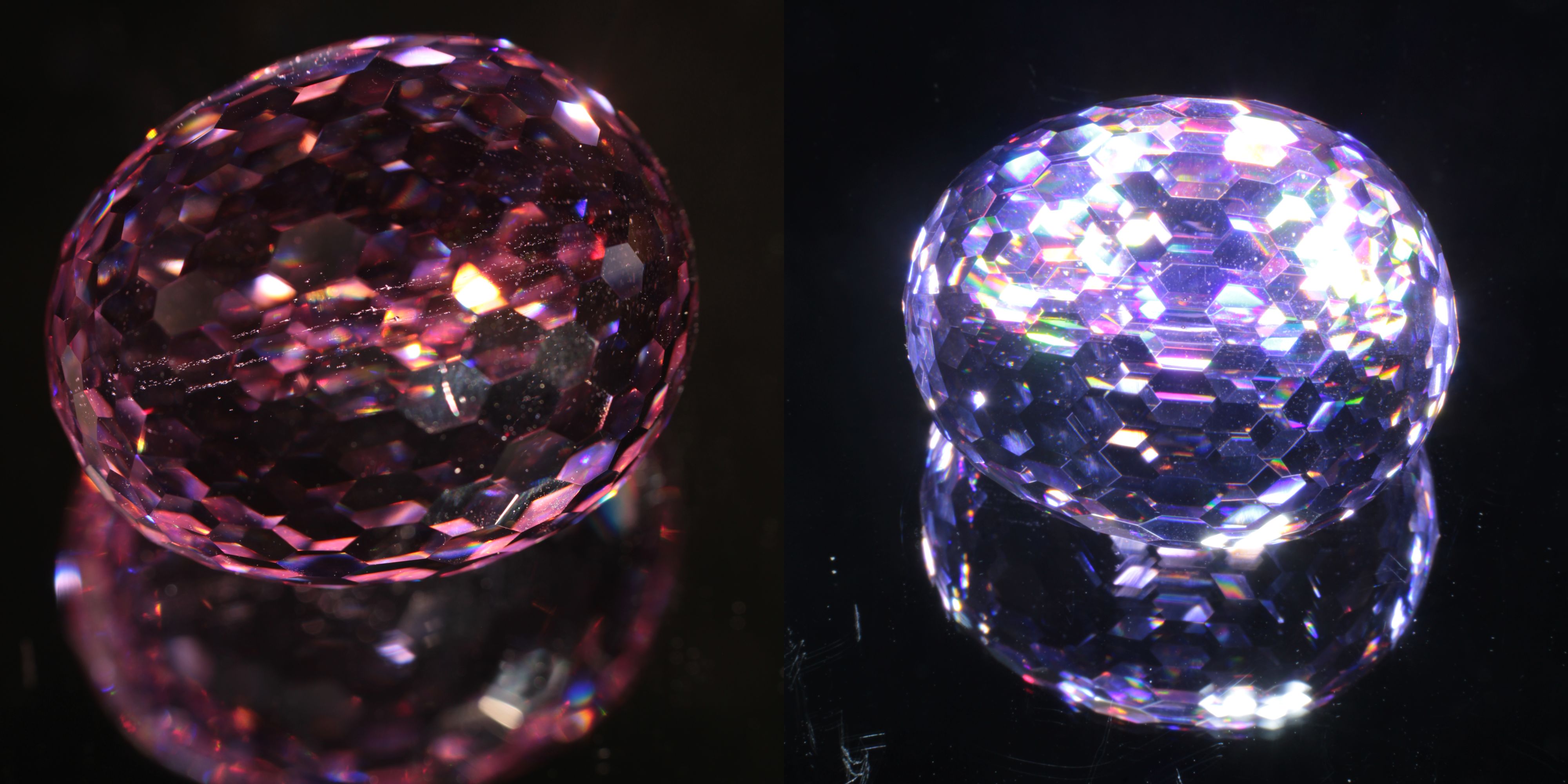 Two photos of a Faceted Nd:YAG Large Egg, showing the rainbow reflections produced by an overhead LED on the left, and the Bubble Teardrops visible from flashlight side-lighting on the right,a black Background