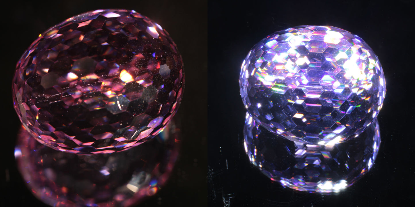 Two photos of a Faceted Nd:YAG Large Egg, showing the rainbow reflections produced by an overhead LED on the left, and the Bubble Teardrops visible from flashlight side-lighting on the right,a black Background