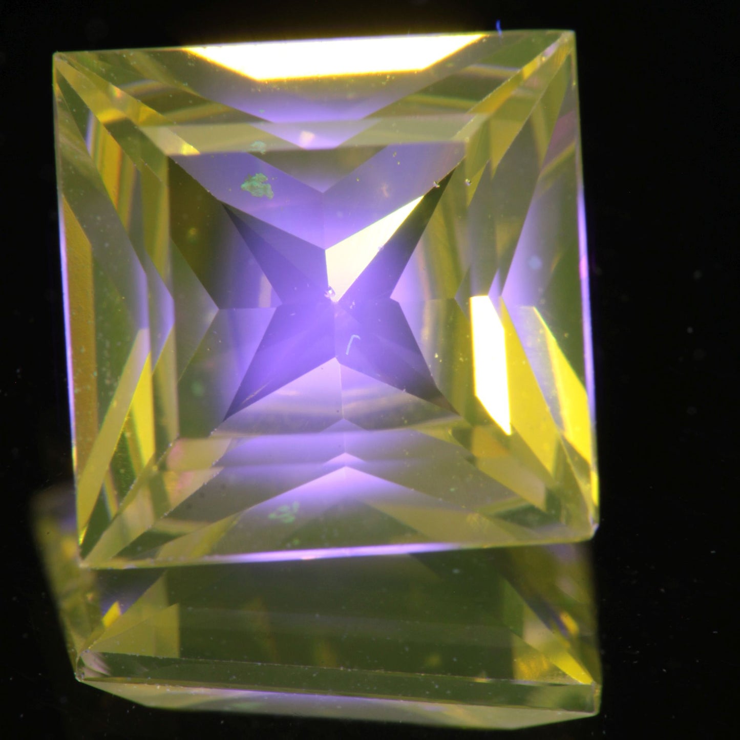 Faceted Square Ce/Nd YAG Gemstone with “Bullseye” Pink Fluorescence in the Yellow Crystal