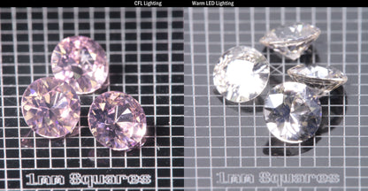 Faceted Er/Nd YAG displayed under two lights, CFL on the left making it pink, warm led on the right making it yellow, demonstrating the colorchange on a  Round gemstone