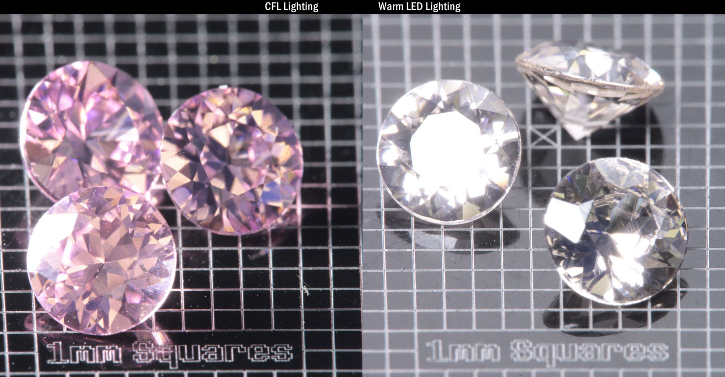 Faceted Er/Nd YAG displayed under two lights, CFL on the left making it pink, warm led on the right making it yellow, demonstrating the colorchange on a  Round gemstone