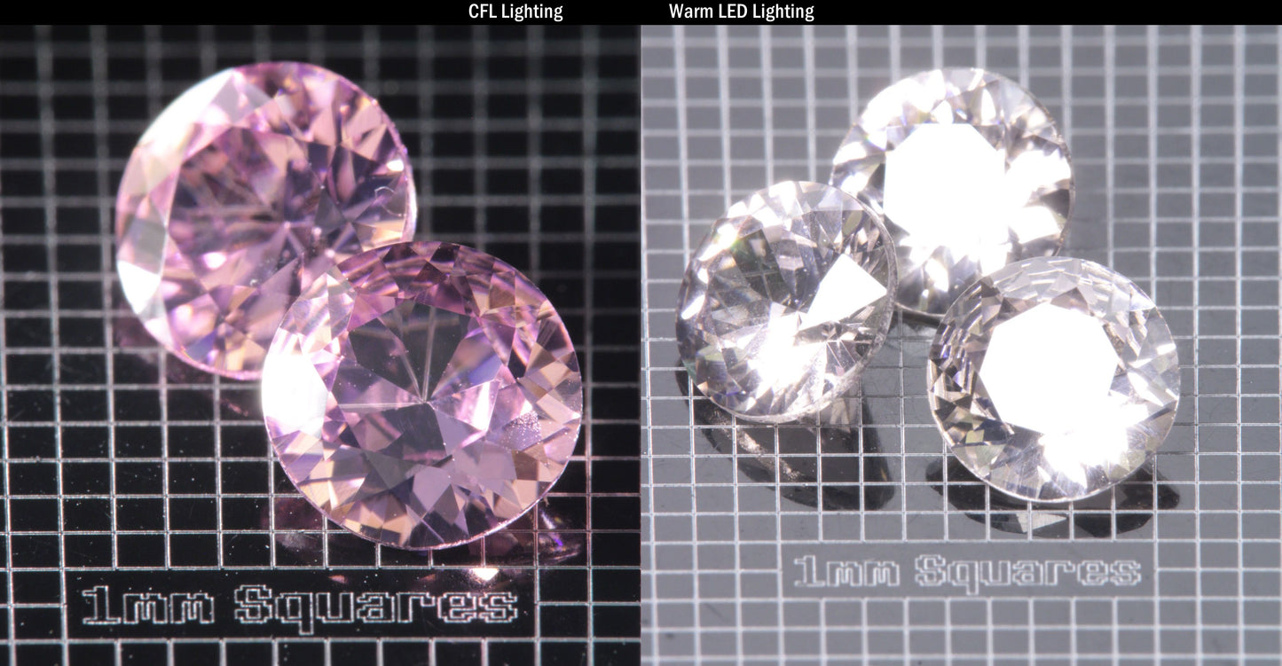 Faceted Er/Nd YAG displayed under two lights, CFL on the left making it pink, warm led on the right making it yellow, demonstrating the colorchange on a  Round gemstone