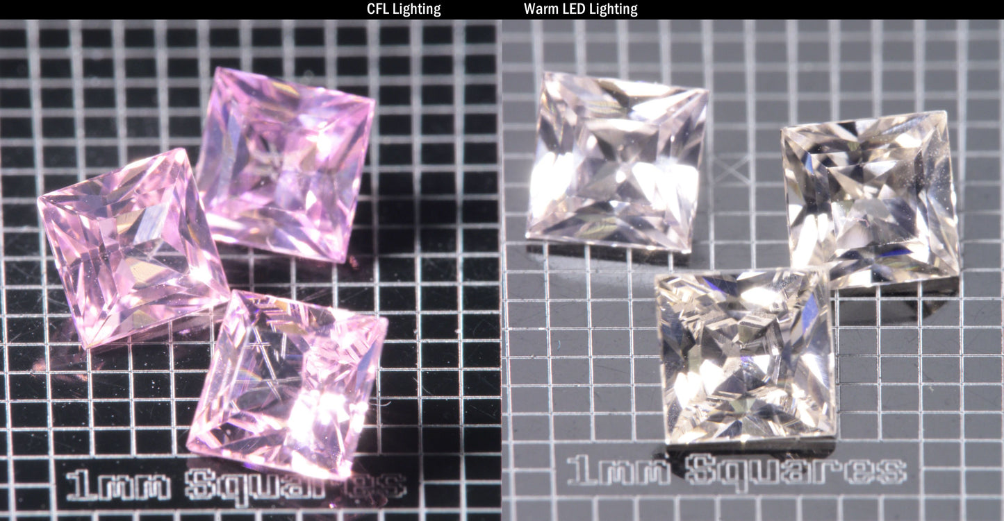 Faceted Er/Nd YAG displayed under two lights, CFL on the left making it pink, warm led on the right making it yellow, demonstrating the colorchange on a  Square gemstone