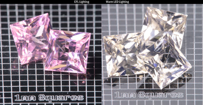 Faceted Er/Nd YAG displayed under two lights, CFL on the left making it pink, warm led on the right making it yellow, demonstrating the colorchange on a  Square gemstone