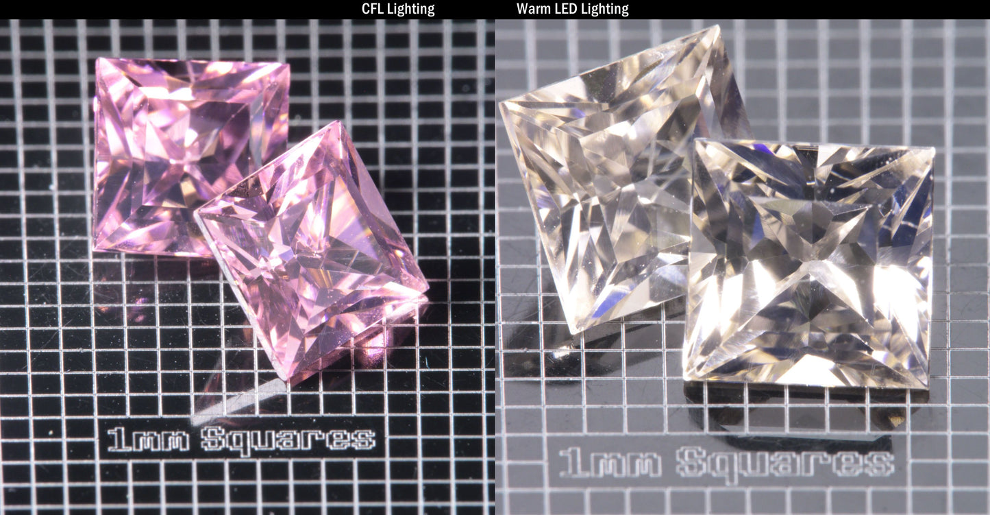 Faceted Er/Nd YAG displayed under two lights, CFL on the left making it pink, warm led on the right making it yellow, demonstrating the colorchange on a  Square gemstone
