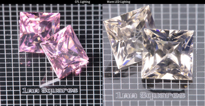 Faceted Er/Nd YAG displayed under two lights, CFL on the left making it pink, warm led on the right making it yellow, demonstrating the colorchange on a  Square gemstone