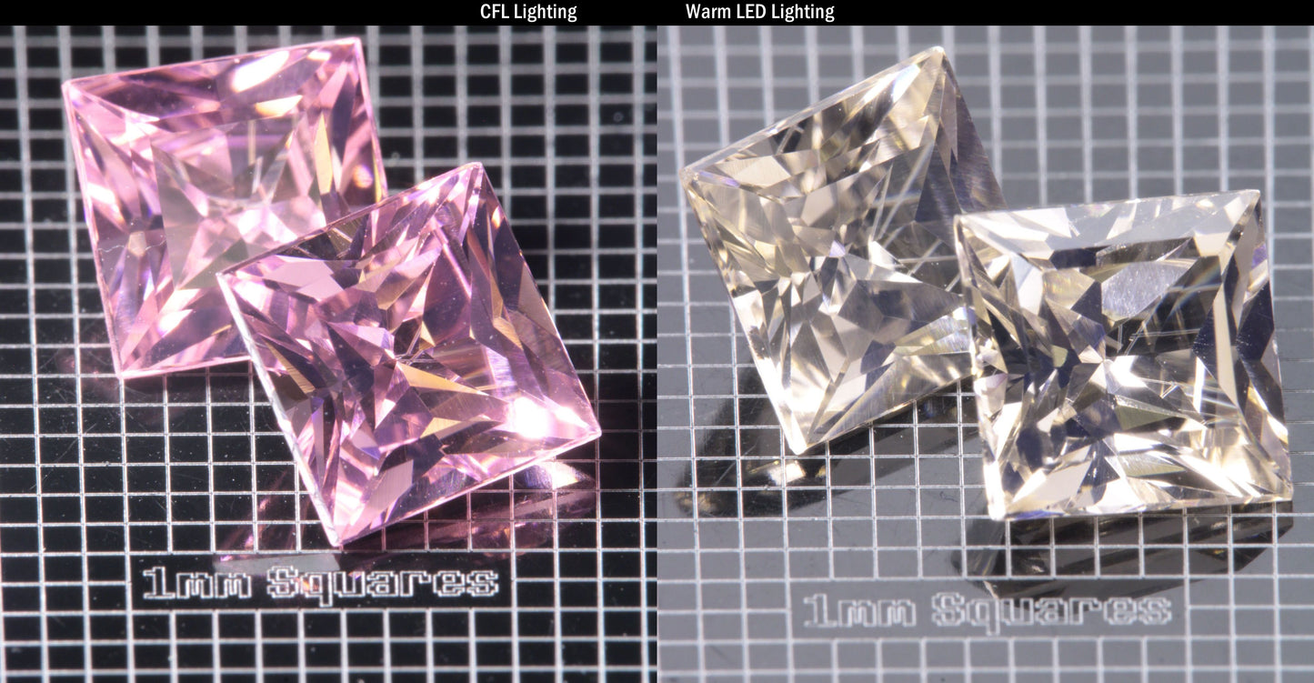 Faceted Er/Nd YAG displayed under two lights, CFL on the left making it pink, warm led on the right making it yellow, demonstrating the colorchange on a  Square gemstone