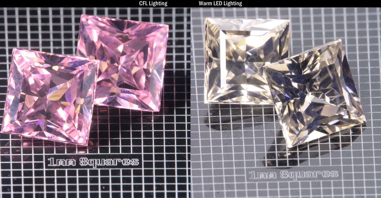 Faceted Er/Nd YAG displayed under two lights, CFL on the left making it pink, warm led on the right making it yellow, demonstrating the colorchange on a  Square gemstone