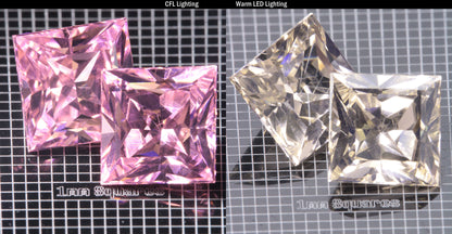 Faceted Er/Nd YAG displayed under two lights, CFL on the left making it pink, warm led on the right making it yellow, demonstrating the colorchange on a  Square gemstone