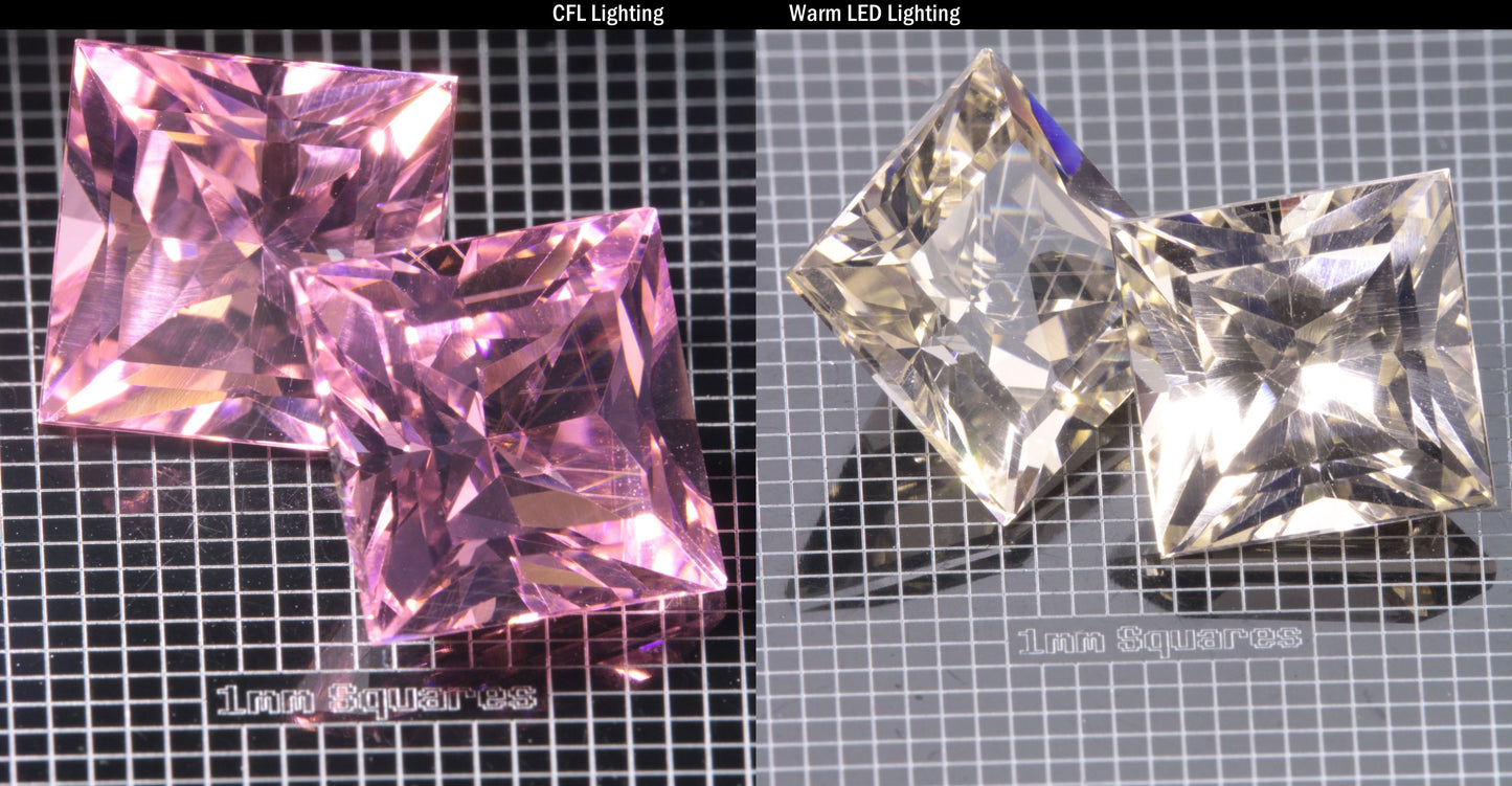 Faceted Er/Nd YAG displayed under two lights, CFL on the left making it pink, warm led on the right making it yellow, demonstrating the colorchange on a  Square gemstone