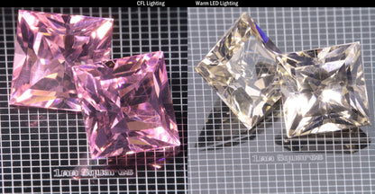 Faceted Er/Nd YAG displayed under two lights, CFL on the left making it pink, warm led on the right making it yellow, demonstrating the colorchange on a  Square gemstone