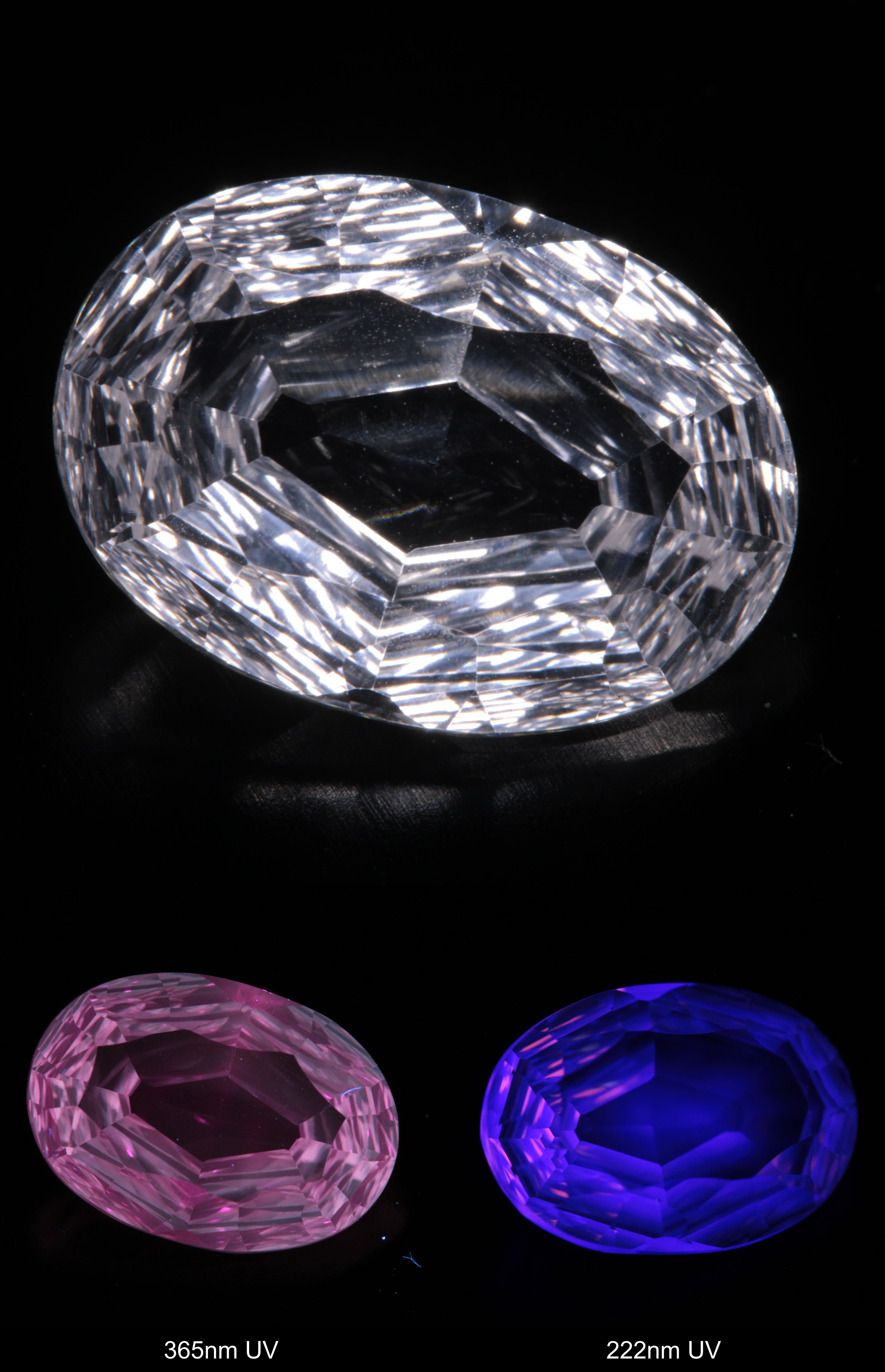 Faceted Colorless White Sapphire Rippled Oval Fantasy Cut Gem Shown Under Multiple UV Lights