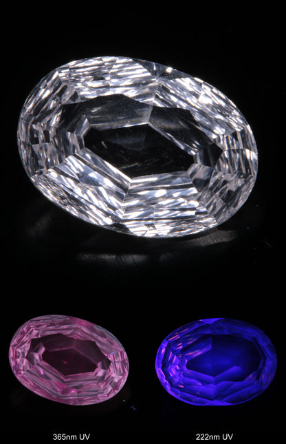 Faceted Colorless White Sapphire Rippled Oval Fantasy Cut Gem Shown Under Multiple UV Lights