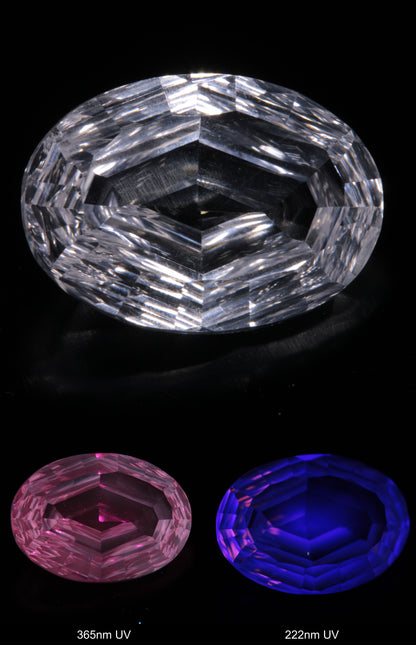 Faceted Colorless White Sapphire Rippled Oval Fantasy Cut Gem Shown Under Multiple UV Lights