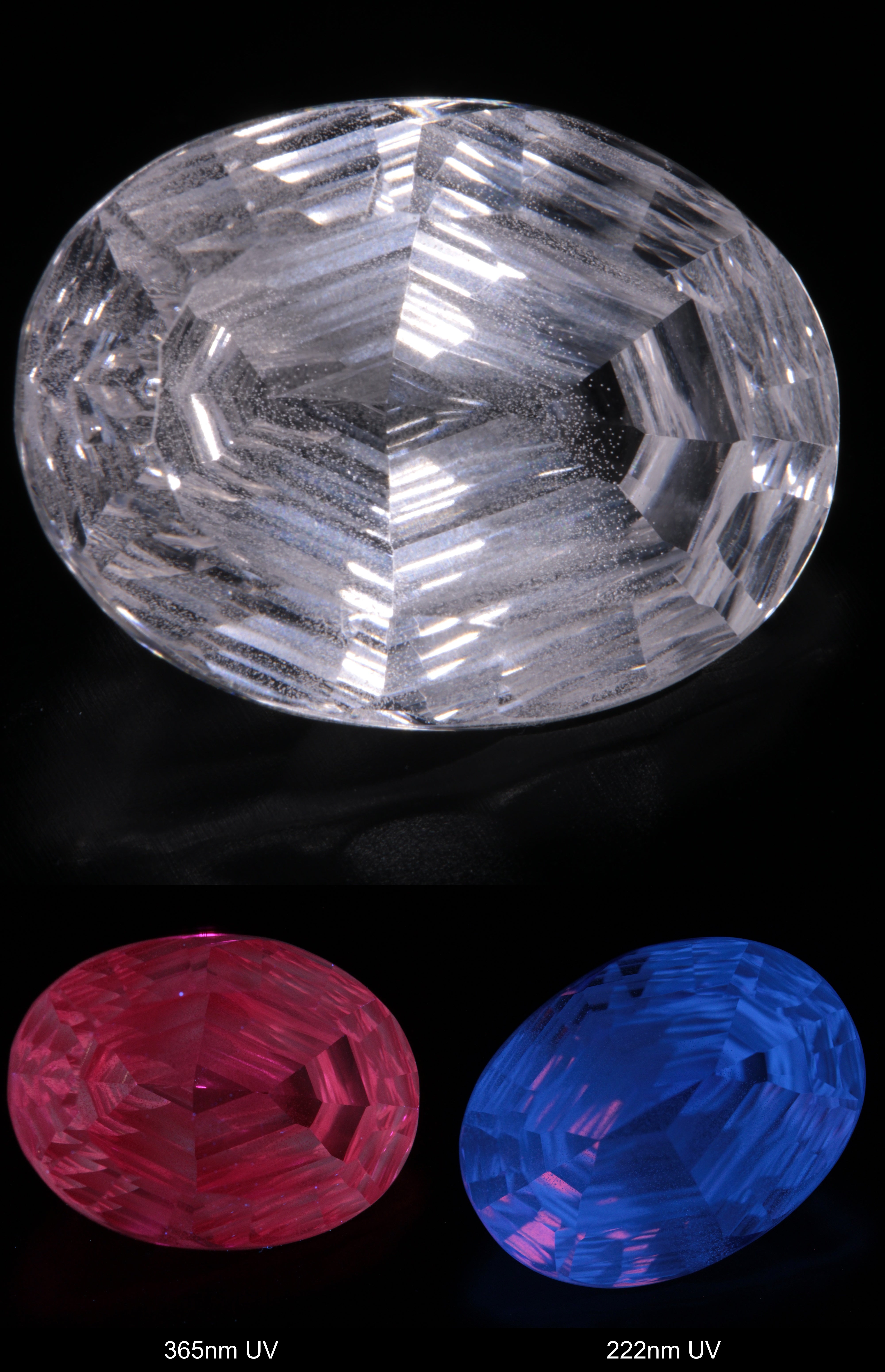 Faceted Colorless White Sapphire Rippled Oval (With Bubbly Veil) Fantasy Cut Gem Shown Under Multiple UV Lights