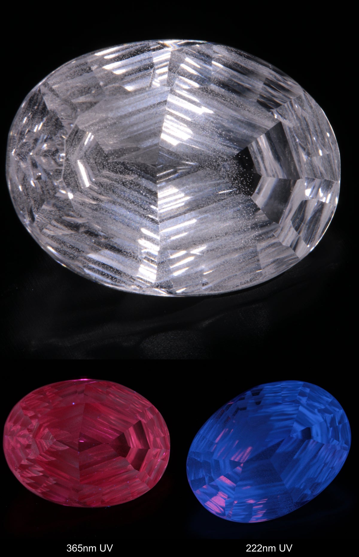 Faceted Colorless White Sapphire Rippled Oval (With Bubbly Veil) Fantasy Cut Gem Shown Under Multiple UV Lights