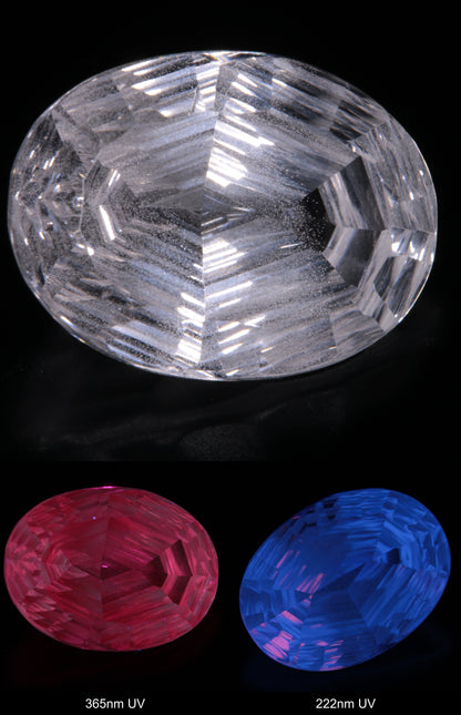 Faceted Colorless White Sapphire Rippled Oval (With Bubbly Veil) Fantasy Cut Gem Shown Under Multiple UV Lights