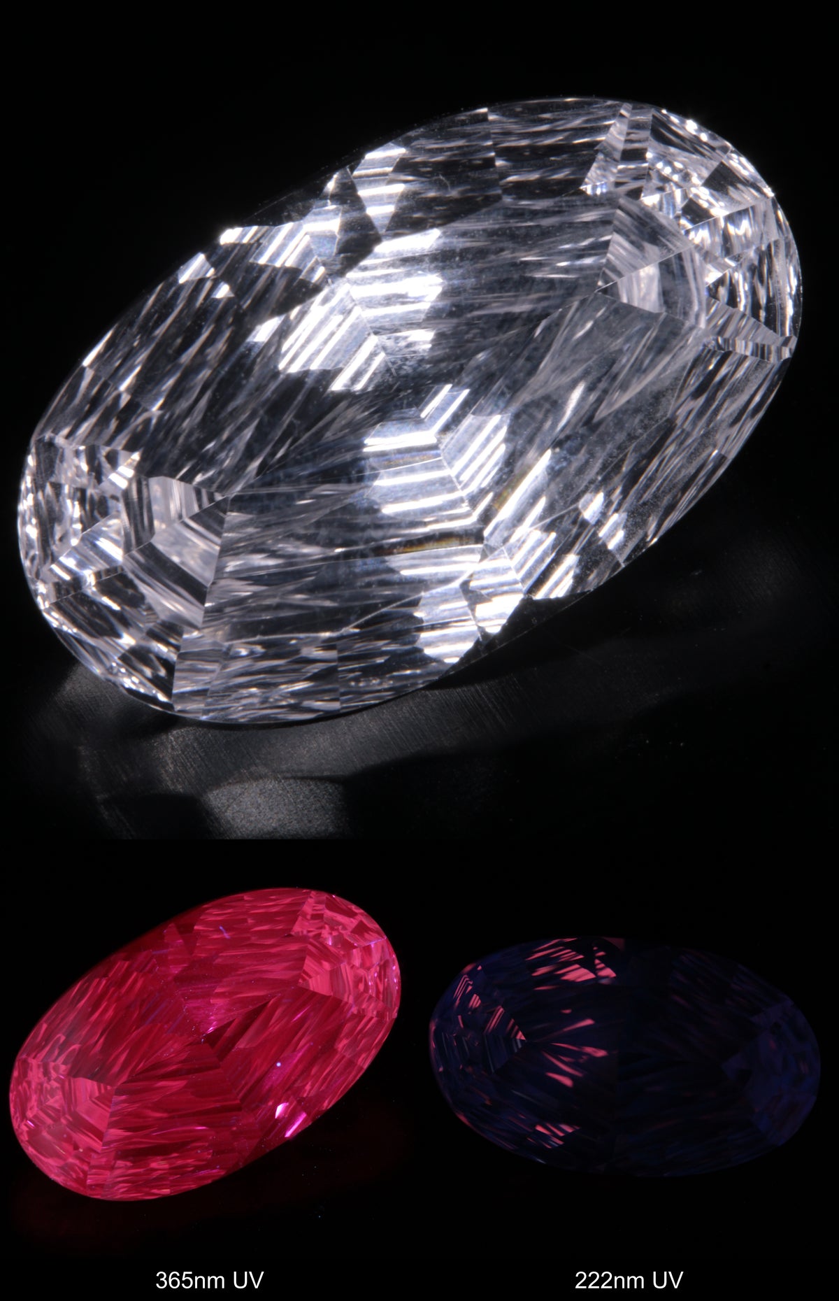 Faceted Colorless White Sapphire Rippled Oval Fantasy Cut Gem Shown Under Multiple UV Lights