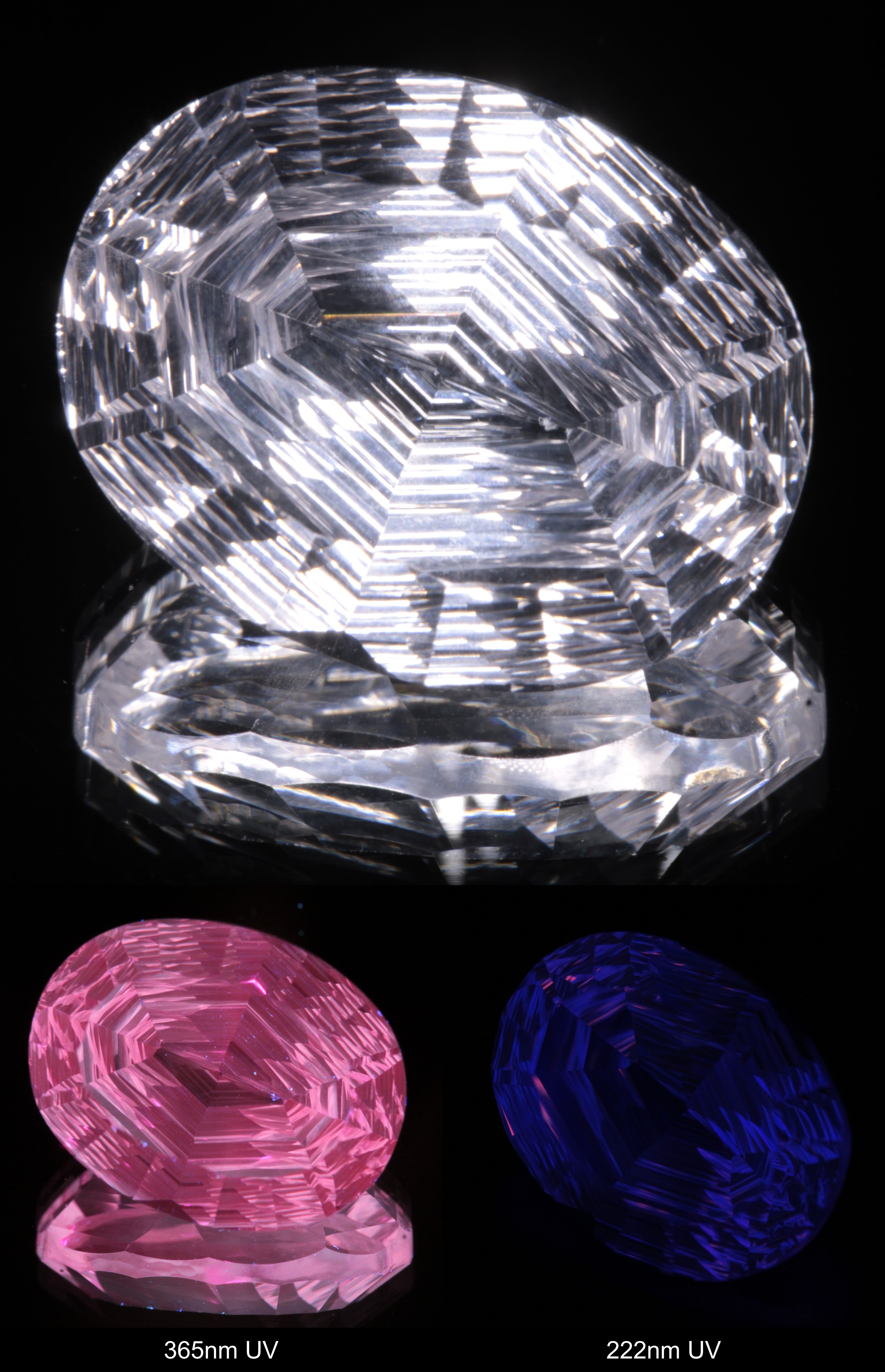 Faceted Colorless White Sapphire Rippled Oval Fantasy Cut Gem Shown Under Multiple UV Lights