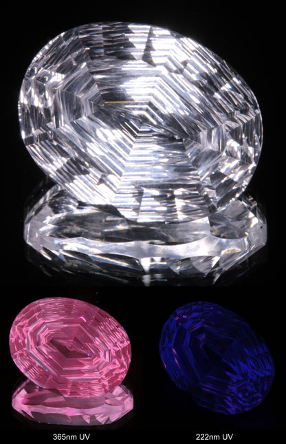 Faceted Colorless White Sapphire Rippled Oval Fantasy Cut Gem Shown Under Multiple UV Lights