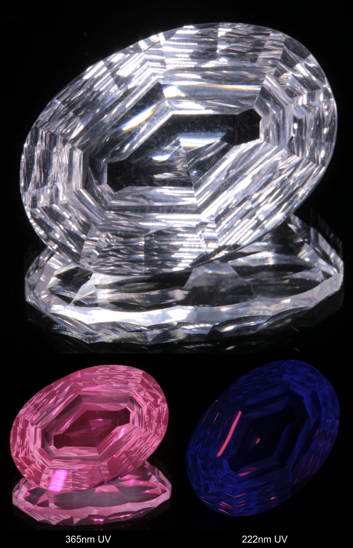 Faceted Colorless White Sapphire Rippled Oval Fantasy Cut Gem Shown Under Multiple UV Lights