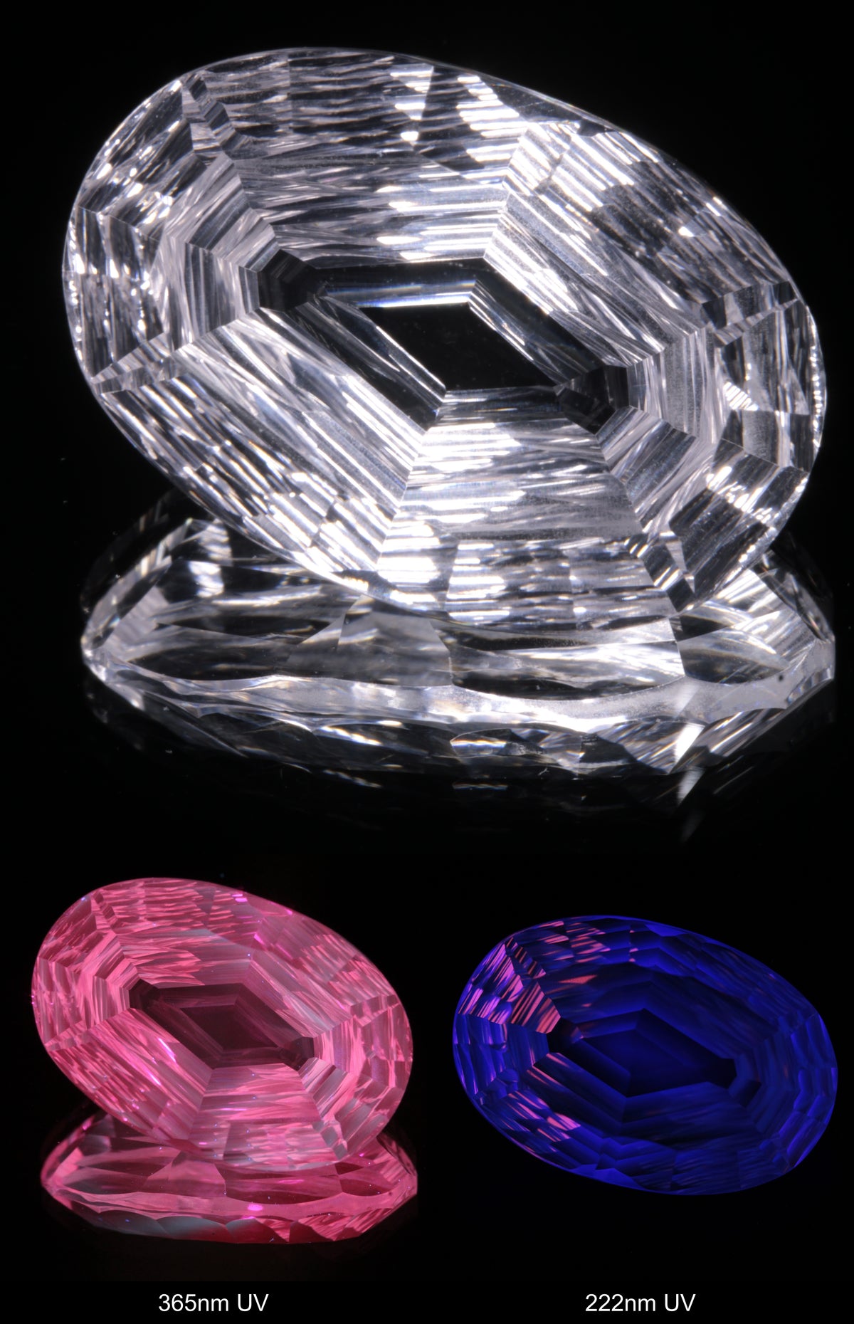 Faceted Colorless White Sapphire Rippled Oval Fantasy Cut Gem Shown Under Multiple UV Lights