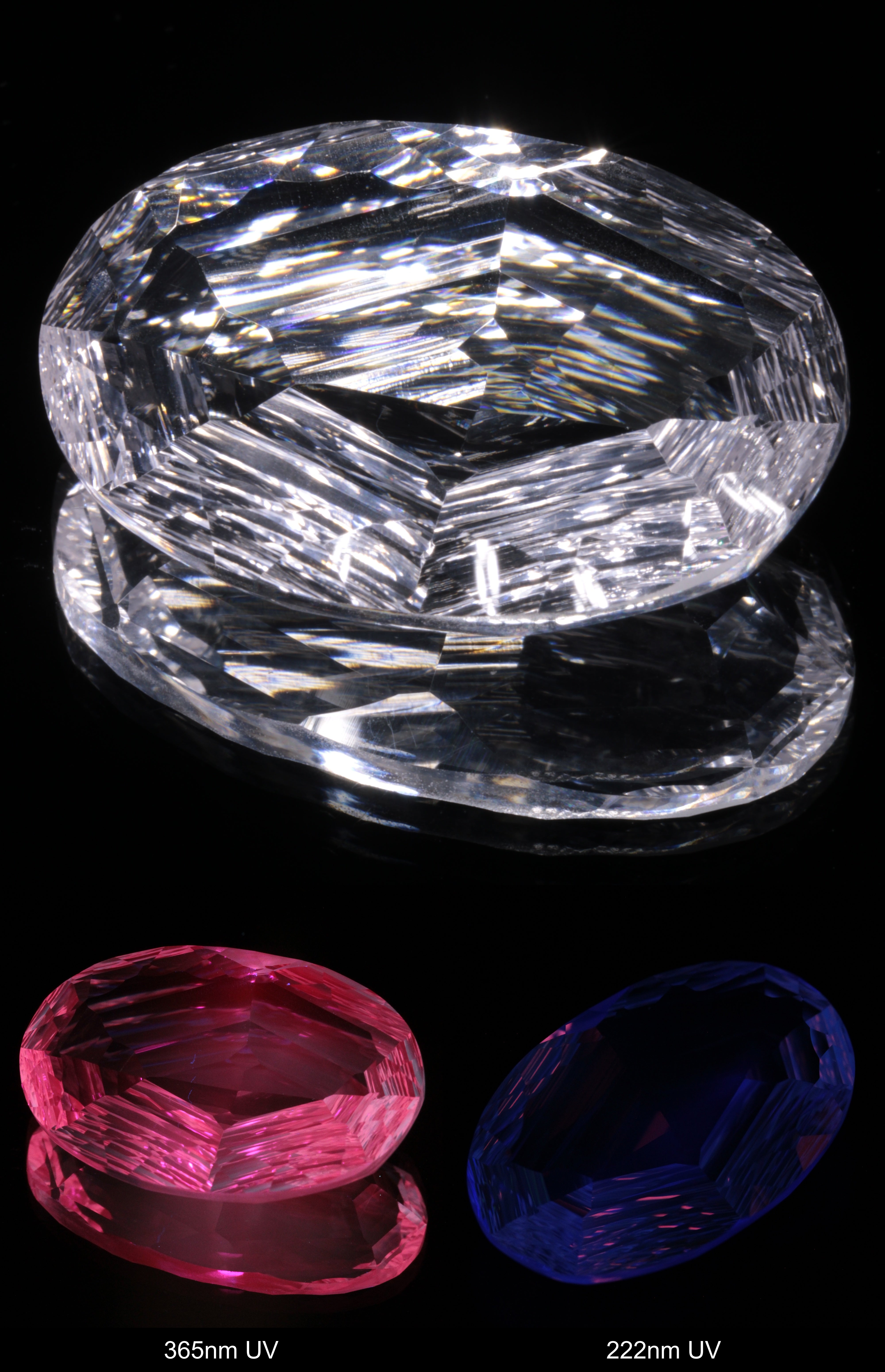 Faceted Colorless White Sapphire Rippled Oval Fantasy Cut Gem Shown Under Multiple UV Lights