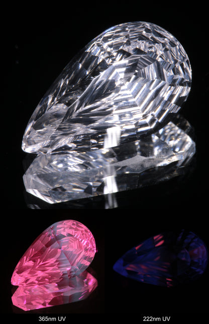 Faceted Colorless White Sapphire Rippled Teardrop Fantasy Cut Gem Shown Under Multiple UV Lights