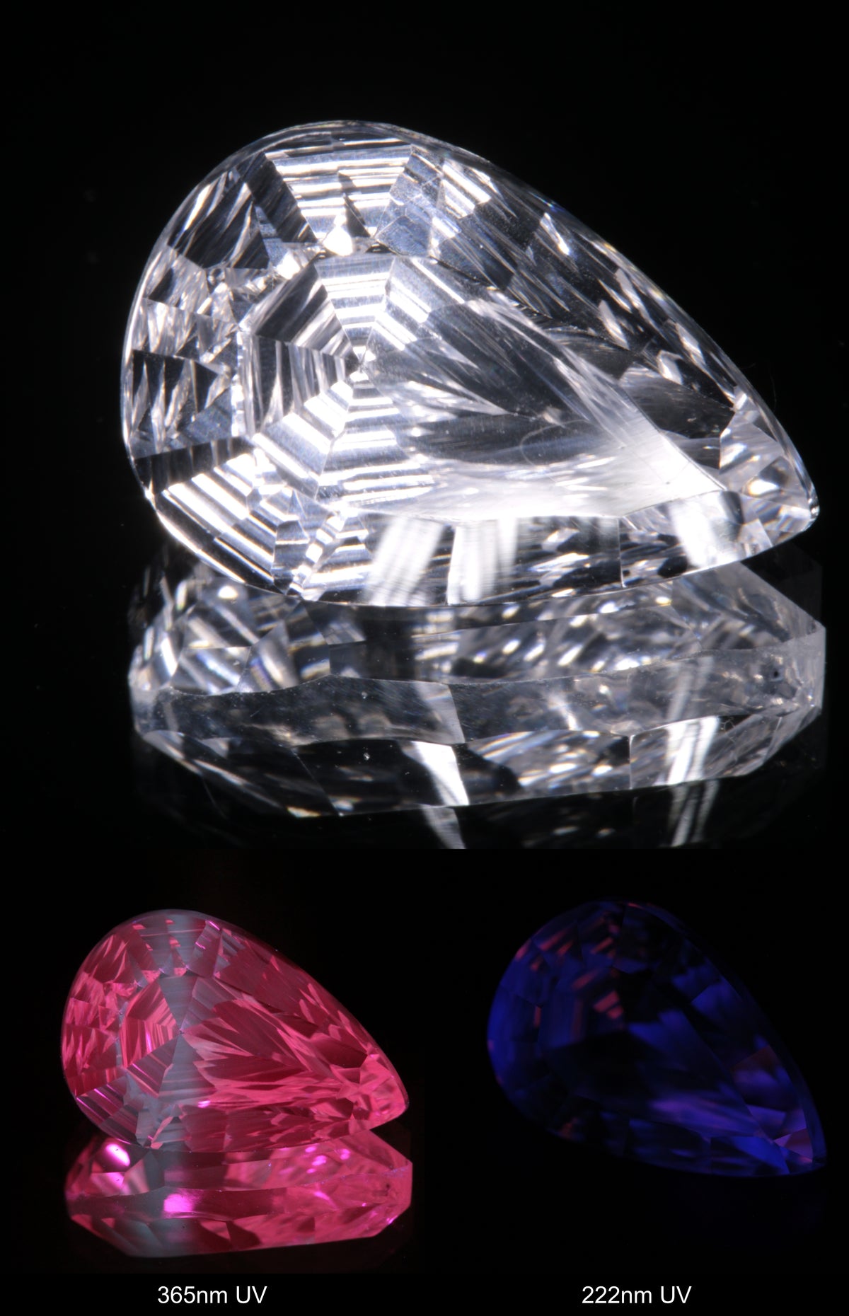 Faceted Colorless White Sapphire Rippled Teardrop Fantasy Cut Gem Shown Under Multiple UV Lights