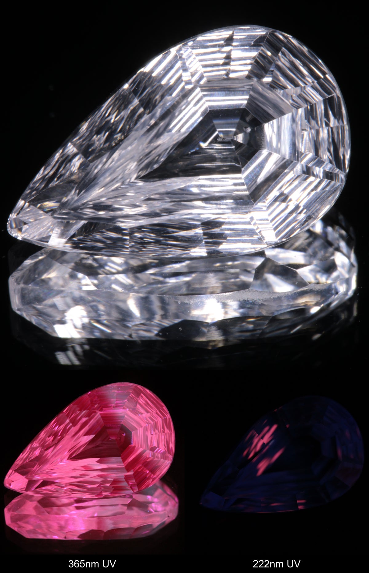 Faceted Colorless White Sapphire Rippled Teardrop Fantasy Cut Gem Shown Under Multiple UV Lights
