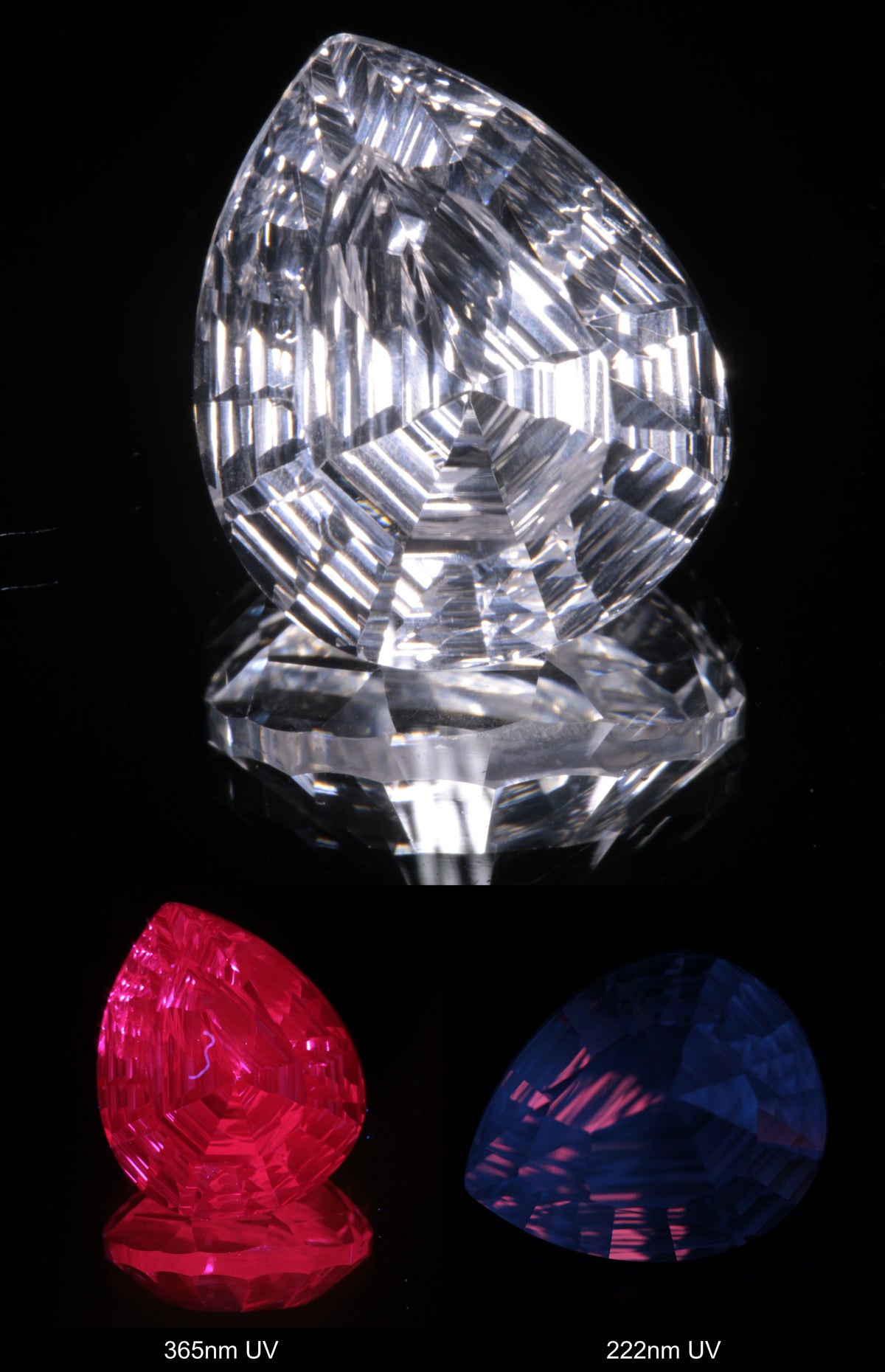 Faceted Colorless White Sapphire Rippled Teardrop Fantasy Cut Gem Shown Under Multiple UV Lights