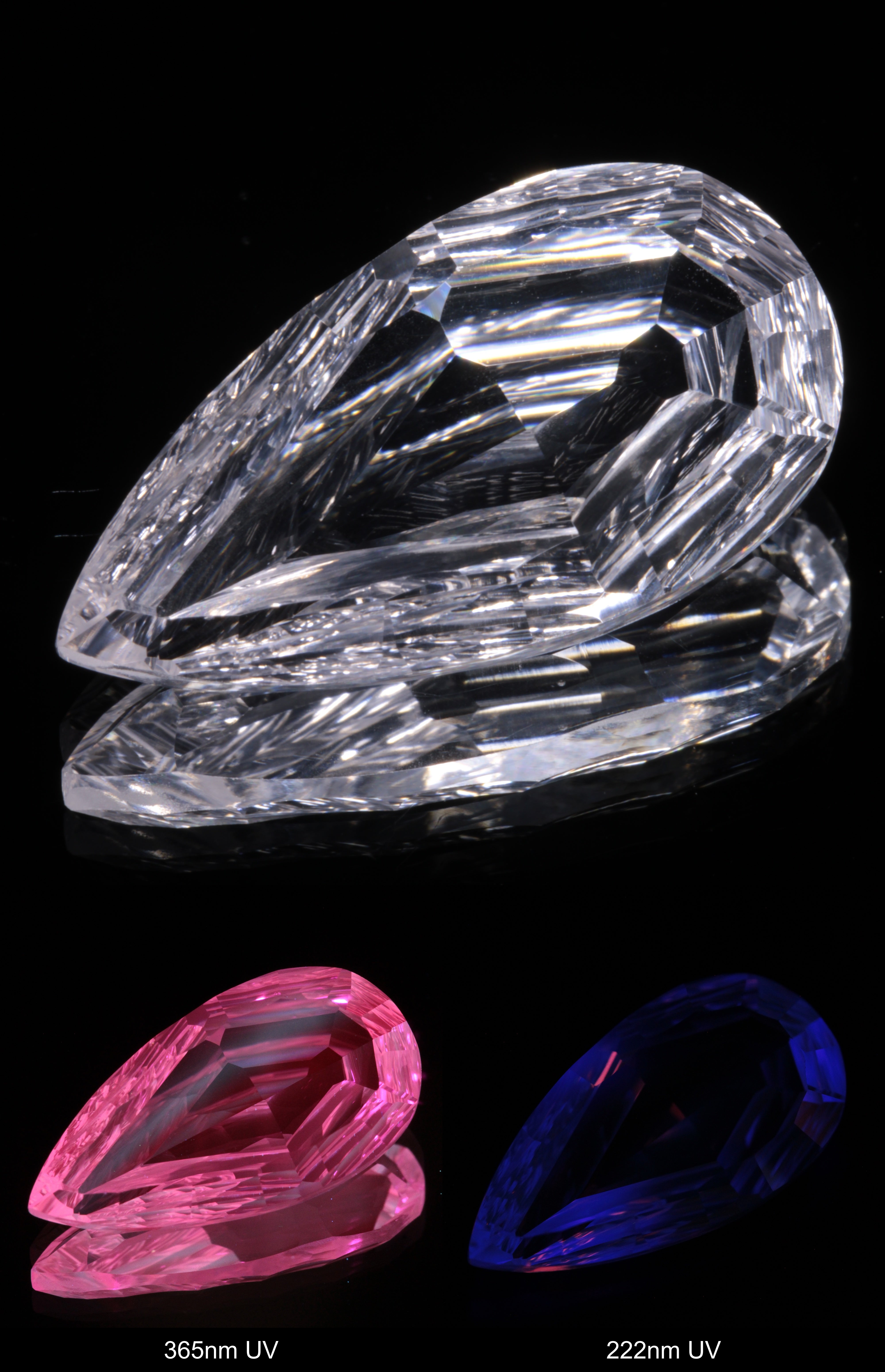 Faceted Colorless White Sapphire Rippled Teardrop Fantasy Cut Gem Shown Under Multiple UV Lights
