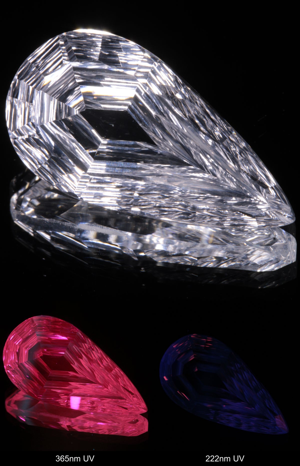 Faceted Colorless White Sapphire Rippled Teardrop Fantasy Cut Gem Shown Under Multiple UV Lights