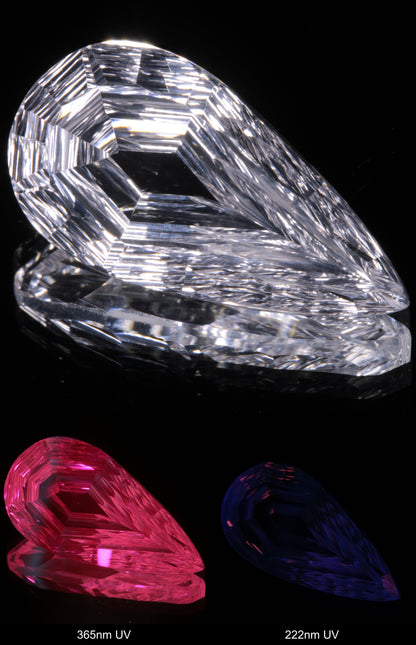 Faceted Colorless White Sapphire Rippled Teardrop Fantasy Cut Gem Shown Under Multiple UV Lights
