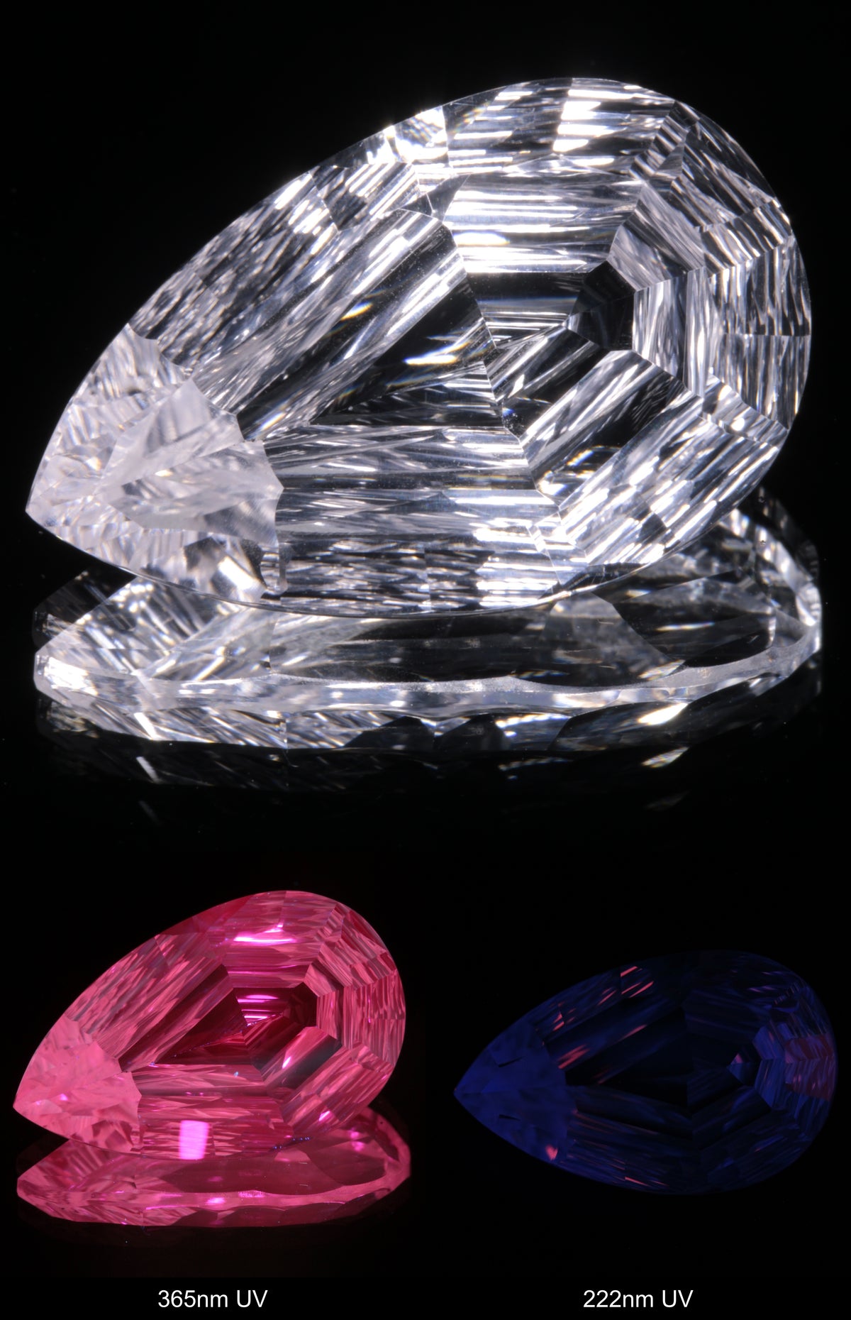 Faceted Colorless White Sapphire Rippled Teardrop Fantasy Cut Gem Shown Under Multiple UV Lights