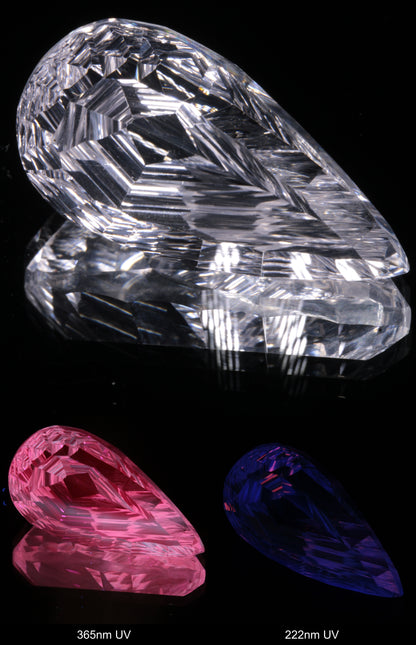 Faceted Colorless White Sapphire Rippled Teardrop Fantasy Cut Gem Shown Under Multiple UV Lights