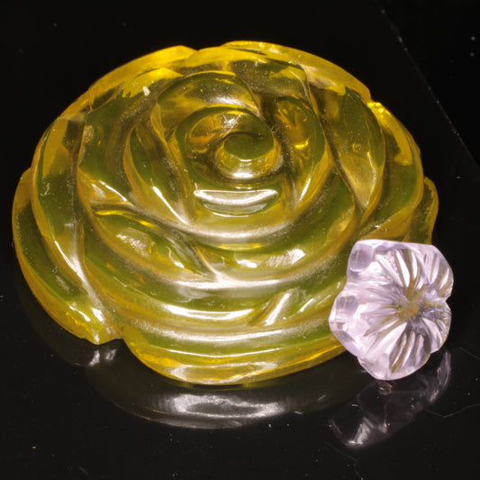 Two flowers carved from Laser YAG (doped with cerium and neodymium)