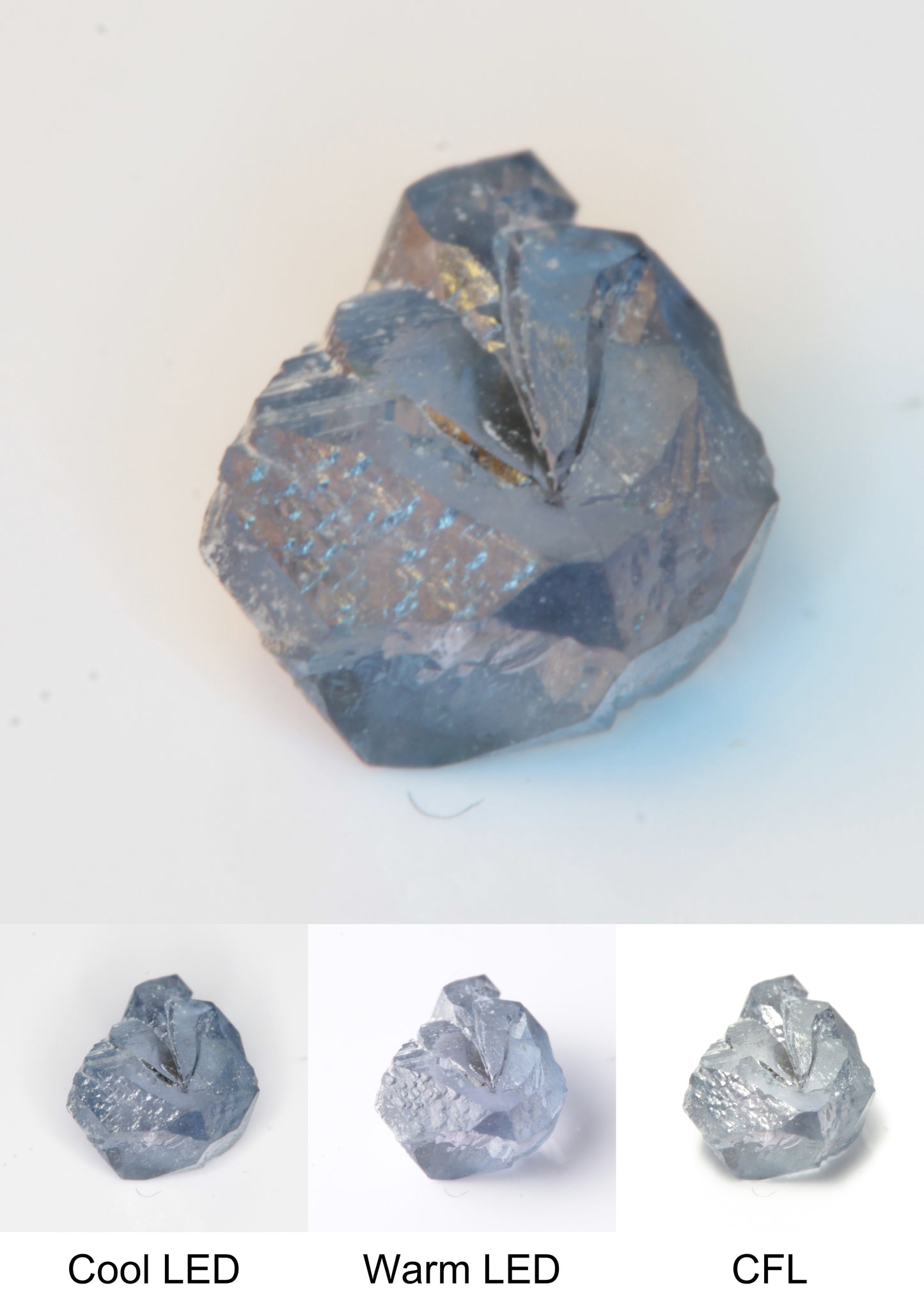 Synthetic Flux Playbutton Sapphire Gemstone Grown by Gems of Science on a white background showing color shift under different lighting